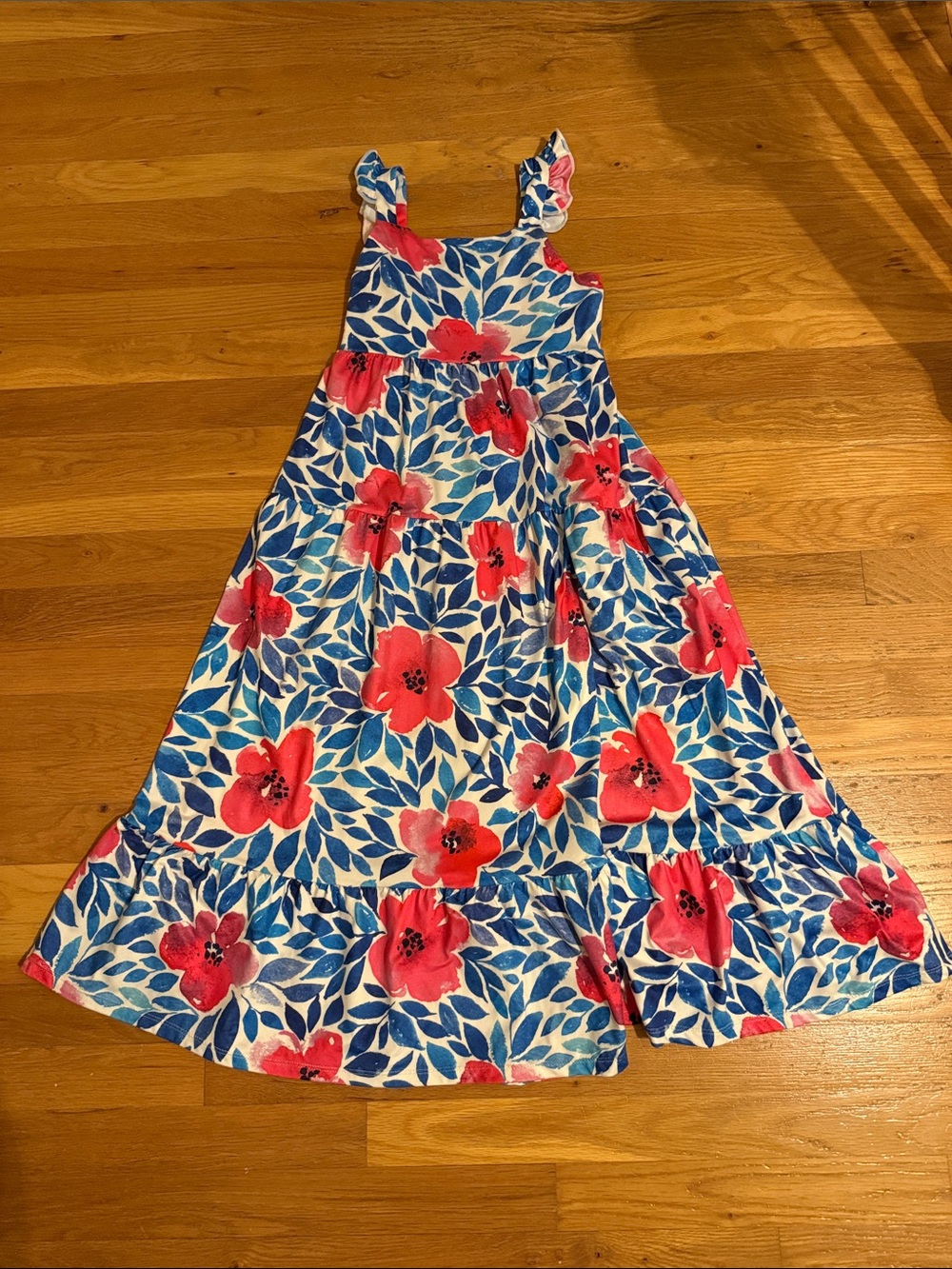 Girls Blue and Red Floral Ruffle-Strap Maxi Dress